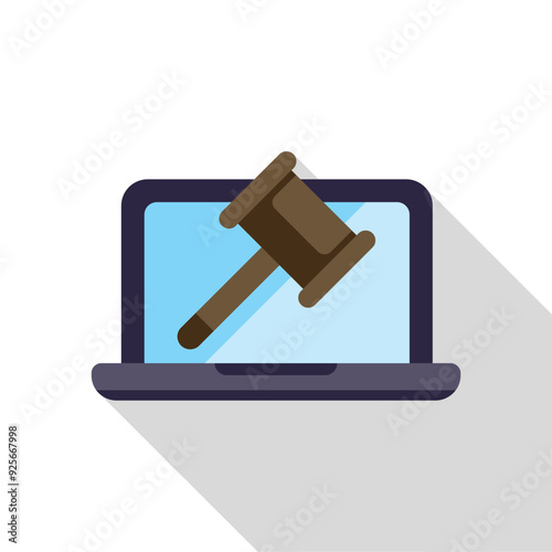 Wooden judge gavel is striking on a laptop screen, symbolizing online auction or legal tech