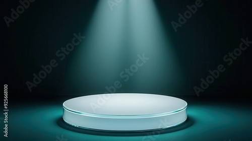 Frosted glass podium with smooth, curved edges, surrounded by a soft, diffused glow in a dark space