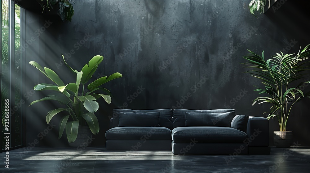 Black interior modern classic. A large black sofa, a sofa in expensive fabric, a green houseplant. Black dark room. Black interior modern classic. A large black sofa, a sofa in expensive fabric, a green houseplant. Black dark room.