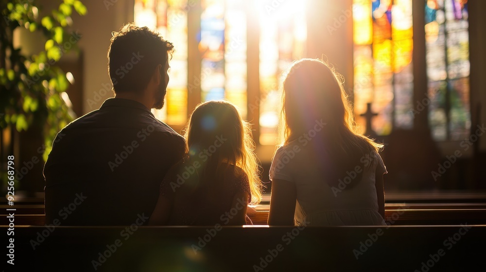 Family Silhouettes in Church with Stained Glass. Family Silhouettes in Church with Stained Glass.