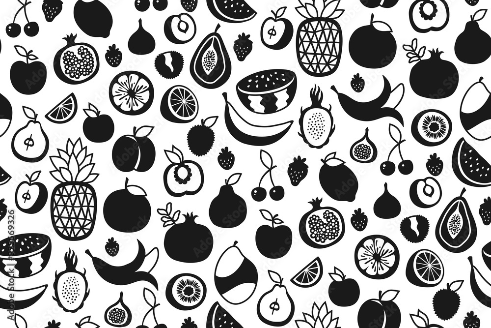 Fototapeta premium Fruits, berries symbol seamless pattern. Sliced lemon orange apple pear watermelon peach pineapple dragon fruits mango banana pomegranate boundless background. Simple endless cartoon vector art design