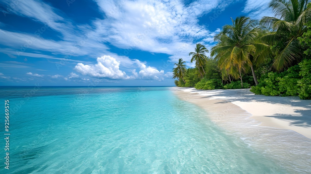 Naklejka premium White sandy beach, turquoise clear water, lush green palm trees, vibrant blue sky, serene and tropical paradise, peaceful and relaxing atmosphere, high-resolution photograph, wide-angle lens.