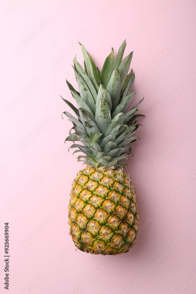 One fresh ripe pineapple on pink background, top view