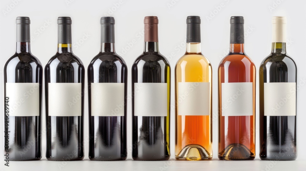 Six wine bottles with blank labels. Six wine bottles with blank labels.