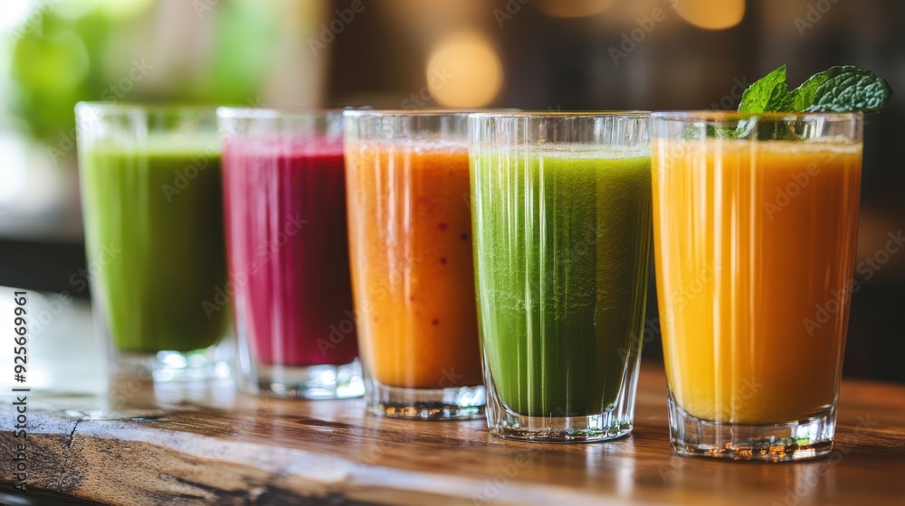 Fototapeta premium Colorful Fruit Juices on Wooden Table.