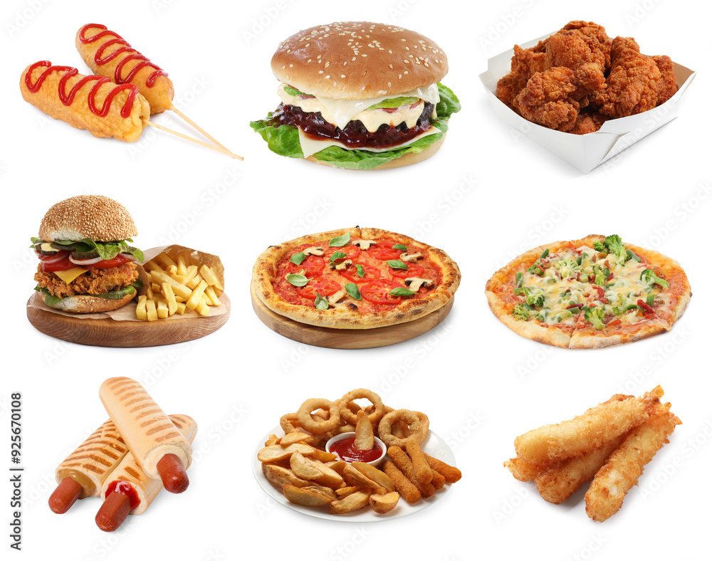 Collage with different tasty fast food on white background Collage with different tasty fast food on white background