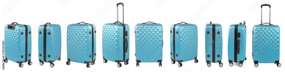 Set of light blue suitcase on white background, view from different sides Set of light blue suitcase on white background, view from different sides