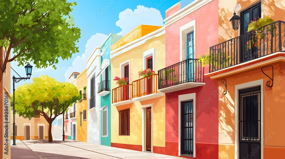 Naklejka premium Spanish Flat Design Street Corner, Realism Art, Vibrant City Life, Cultural Heritage Scene