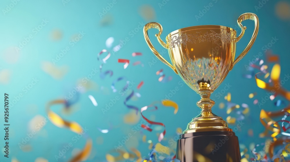 Golden Trophy with Confetti on Blue Background. Golden Trophy with Confetti on Blue Background.