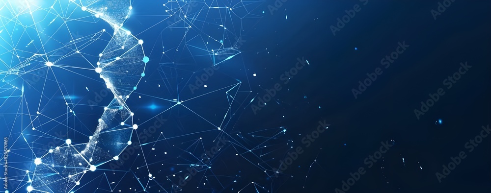 Abstract futuristic DNA and digital technology background vector presentation banner with light rays, white double helix on blue gradient background. Abstract futuristic DNA and digital technology background vector presentation banner with light rays, white double helix on blue gradient background.