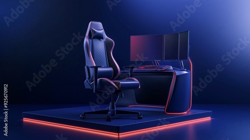 A photo of a 3D podium in a gaming room with RGB lighting and multiple monitors, isolated on a dark black background photo