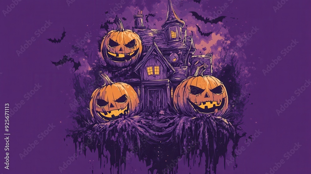 Fototapeta premium Halloween Haunted House with Jack-o-Lanterns and Bats.