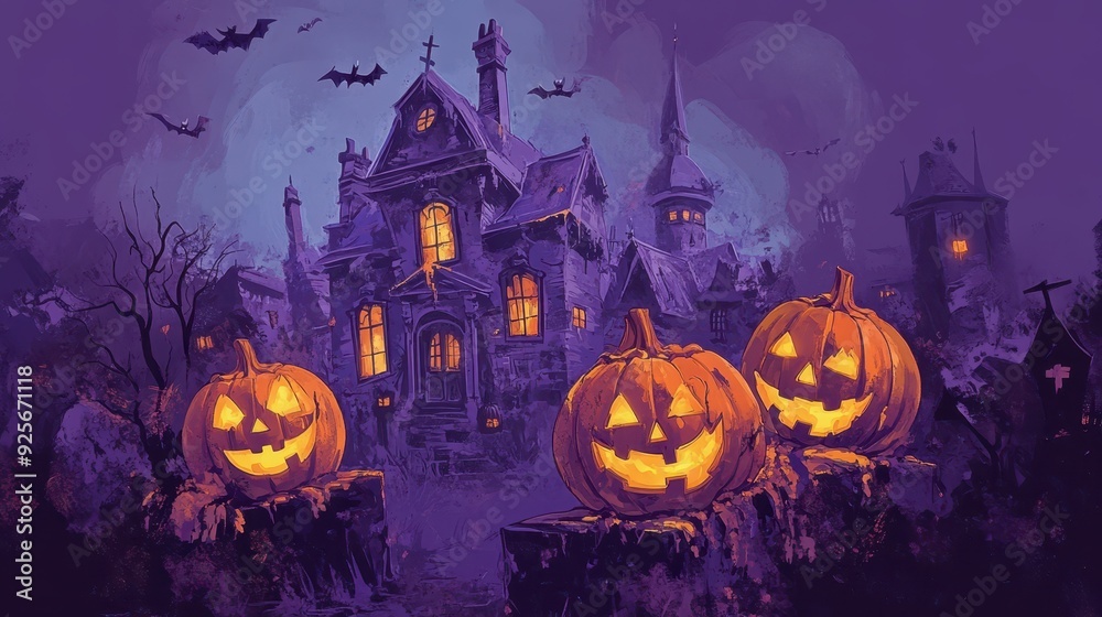 Haunted House and Jack-o'-Lanterns on Halloween Night.