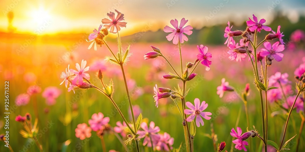 Obraz premium Delicate, pink, Silene viscaria flowers with sticky stems and narrow leaves bloom in a lush meadow, surrounded by tall grasses and warm, golden sunlight.