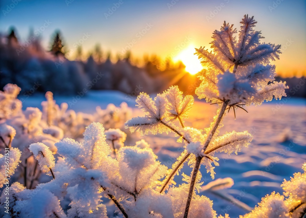 Delicate frost crystals cling to the intricate patterns of winter-kissed flora, casting an ethereal glow on the serene, snow-dusted landscape at dawn. Delicate frost crystals cling to the intricate patterns of winter-kissed flora, casting an ethereal glow on the serene, snow-dusted landscape at dawn.