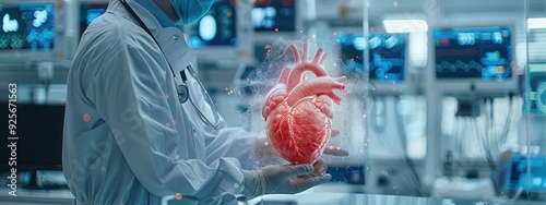 A doctor is holding a heart in a lab. The heart is red and glowing. The scene is set in a hospital or medical lab
