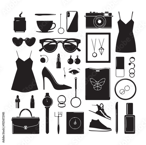 Fashion elements collection silhouette vector illustration 