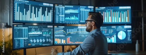 A man is sitting in front of four computer monitors, each displaying different graphs and charts. He is wearing glasses and he is focused on the data displayed on the screens