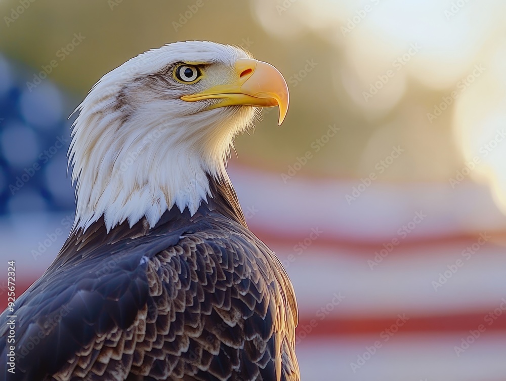 Obraz premium Majestic bald eagle with blurred american flag ideal for patriotic themes and wildlife photography