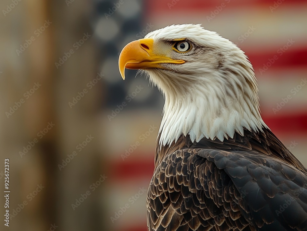 Fototapeta premium Majestic bald eagle with blurred american flag ideal for patriotic themes and wildlife photography