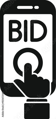 Businessman pressing bid button on smartphone screen icon