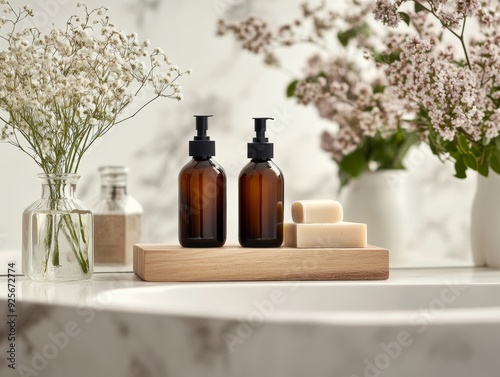 Spa and cosmetic products display on bathroom mirror shelf for commercial banner mockup