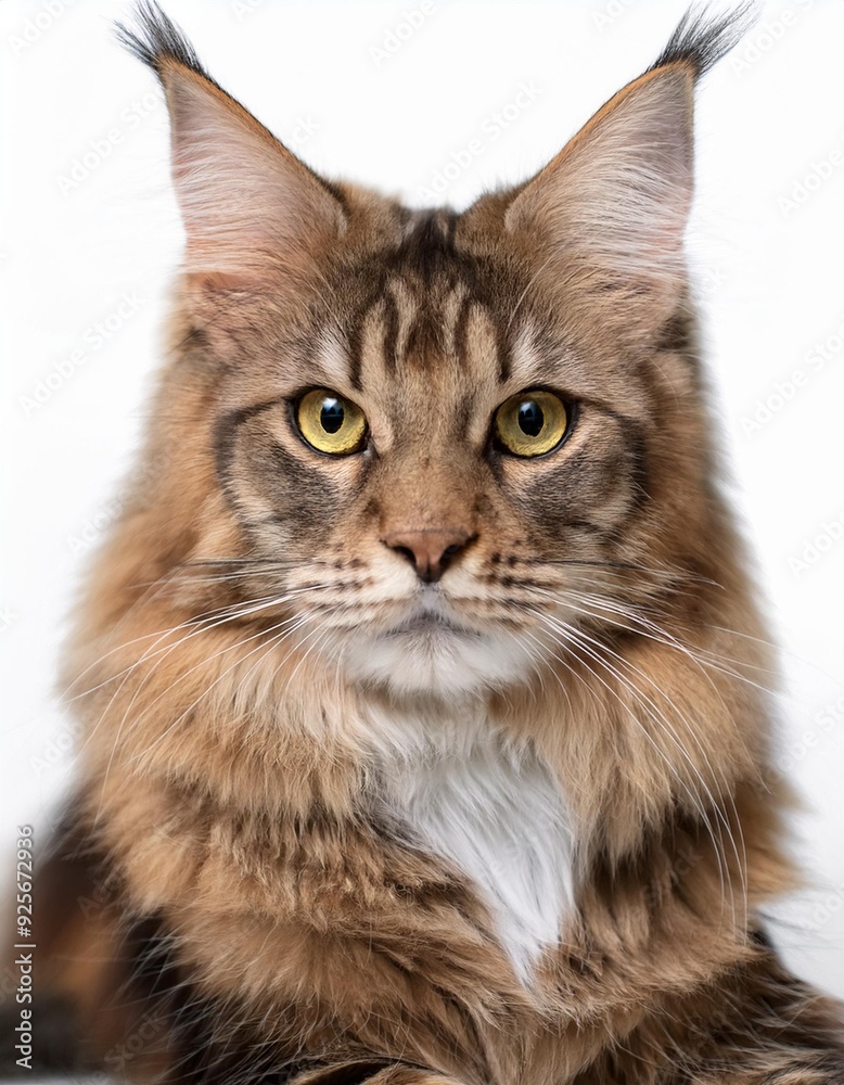A portrait of a Maine Coon features its majestic, long coat, tufted ears, and large, expressive eyes, with a bushy tail and regal presence that exudes elegance. A portrait of a Maine Coon features its majestic, long coat, tufted ears, and large, expressive eyes, with a bushy tail and regal presence that exudes elegance.
