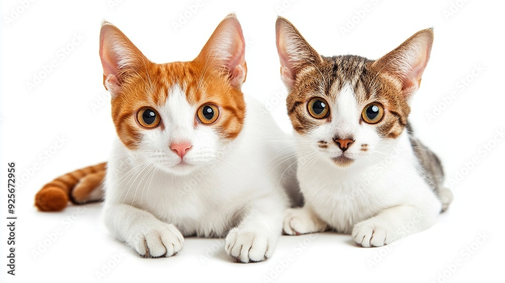 Two cute white and orange tabby cats laying on a white background. Two cute white and orange tabby cats laying on a white background.