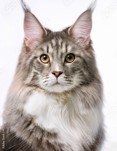 A portrait of a Maine Coon features its majestic, long coat, tufted ears, and large, expressive eyes, with a bushy tail and regal presence that exudes elegance.