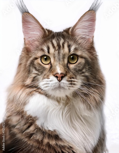 A portrait of a Maine Coon features its majestic, long coat, tufted ears, and large, expressive eyes, with a bushy tail and regal presence that exudes elegance.
