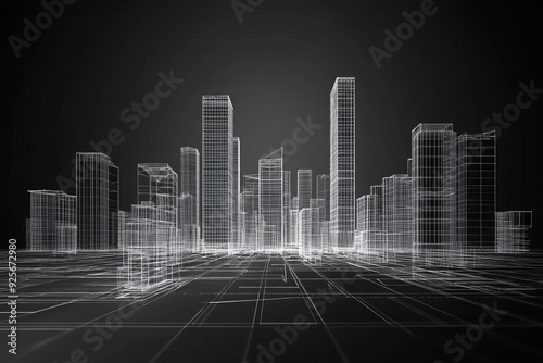 Modern tower cityscape in 3d wireframe architectural design with blueprint details on black banner