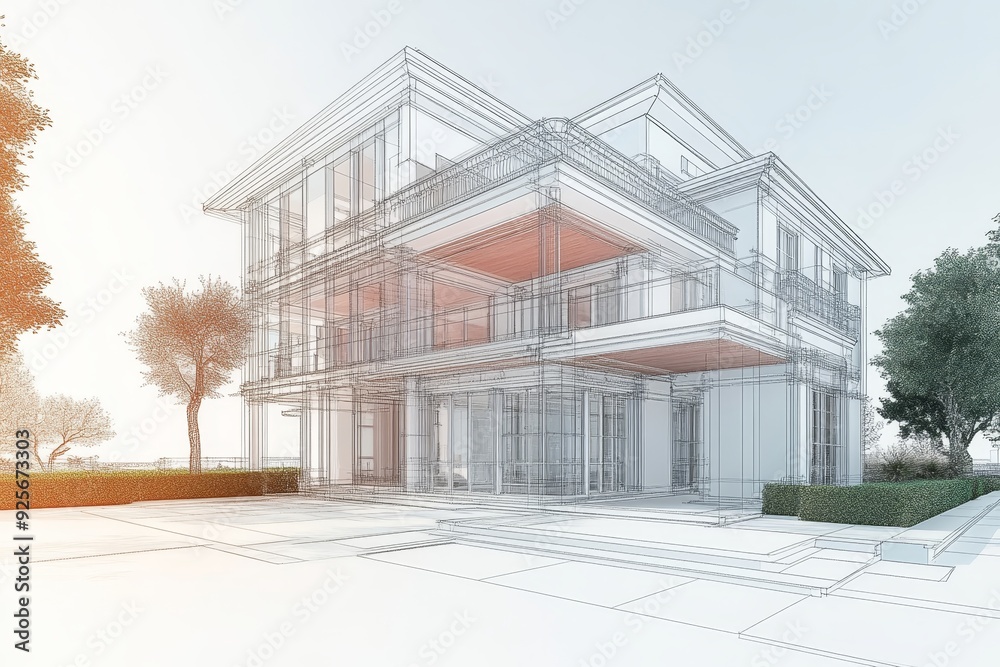 Home exterior renovation project banner with realistic and wireframe drawing mix Home exterior renovation project banner with realistic and wireframe drawing mix