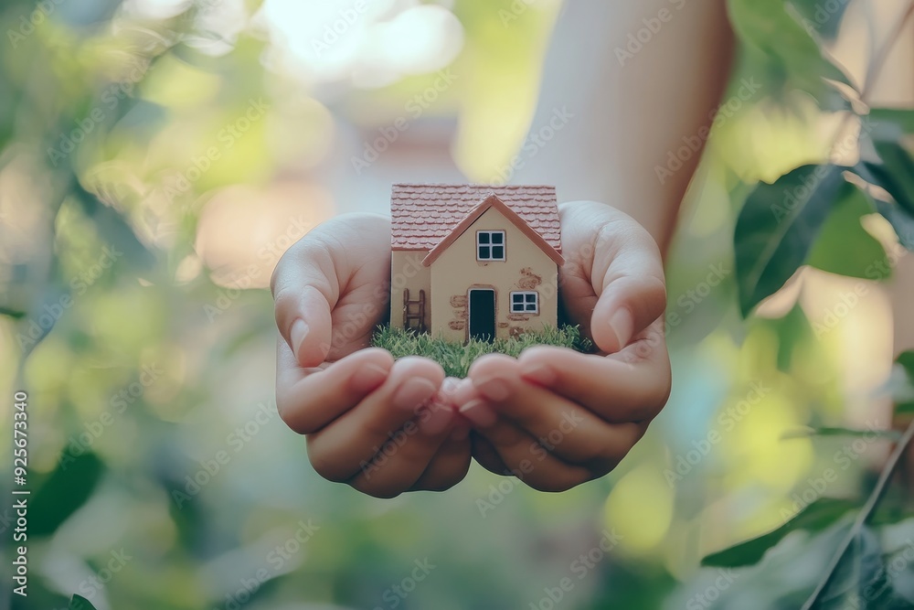 Happy family holding home real estate investment and architecture concept with nature background Happy family holding home real estate investment and architecture concept with nature background