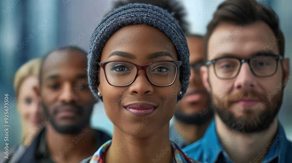A group of people are standing together, one of them is wearing glasses and a hat. The woman in the center is smiling and looking at the camera. The group appears to be diverse