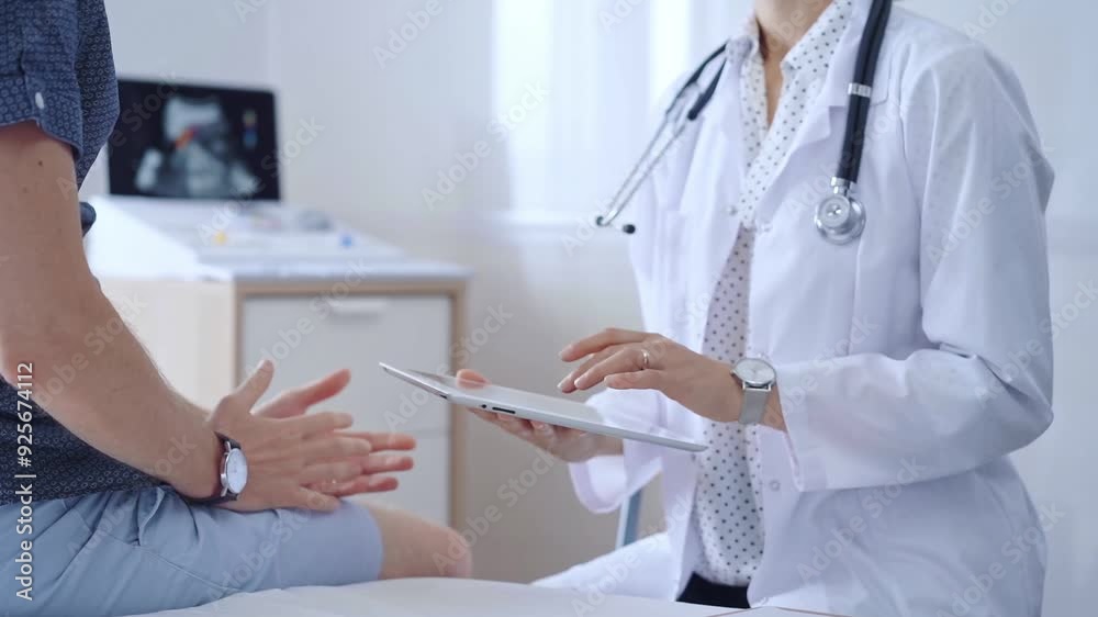 Doctor woman is taking notes on a tablet computer while a male patient describes his symptoms in clinic procedure cabinet. Medicine service concept Doctor woman is taking notes on a tablet computer while a male patient describes his symptoms in clinic procedure cabinet. Medicine service concept