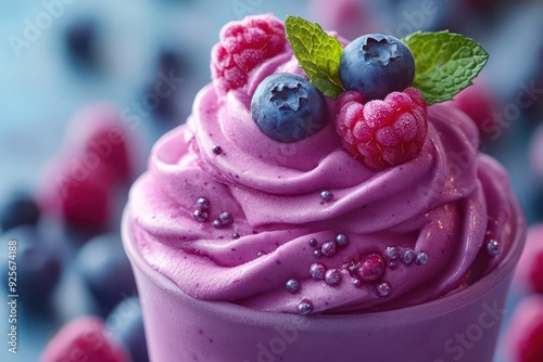 luscious dairyfree blueberry ice cream swirls fresh berries cascade mint garnish dreamy pastel background photo