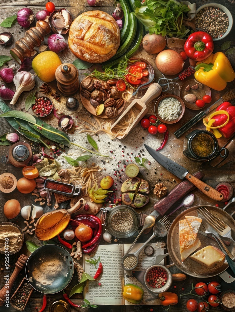 Food ingredients and utensils on a rustic wooden table.