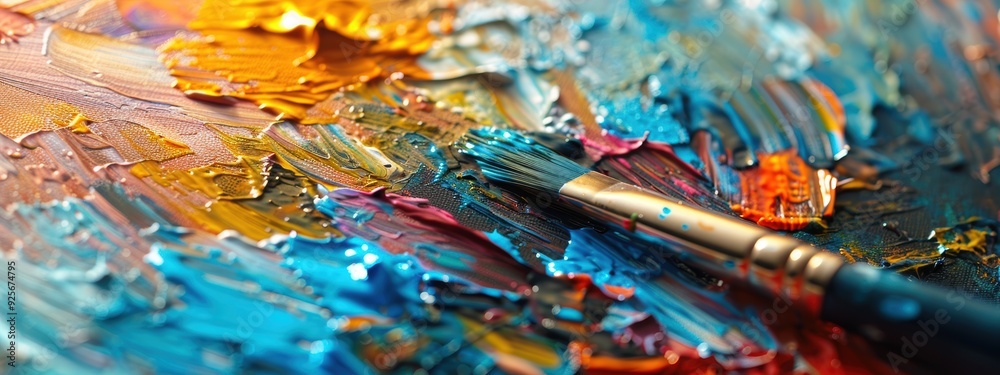 A painting with a brush on it with a blue and yellow color A painting with a brush on it with a blue and yellow color