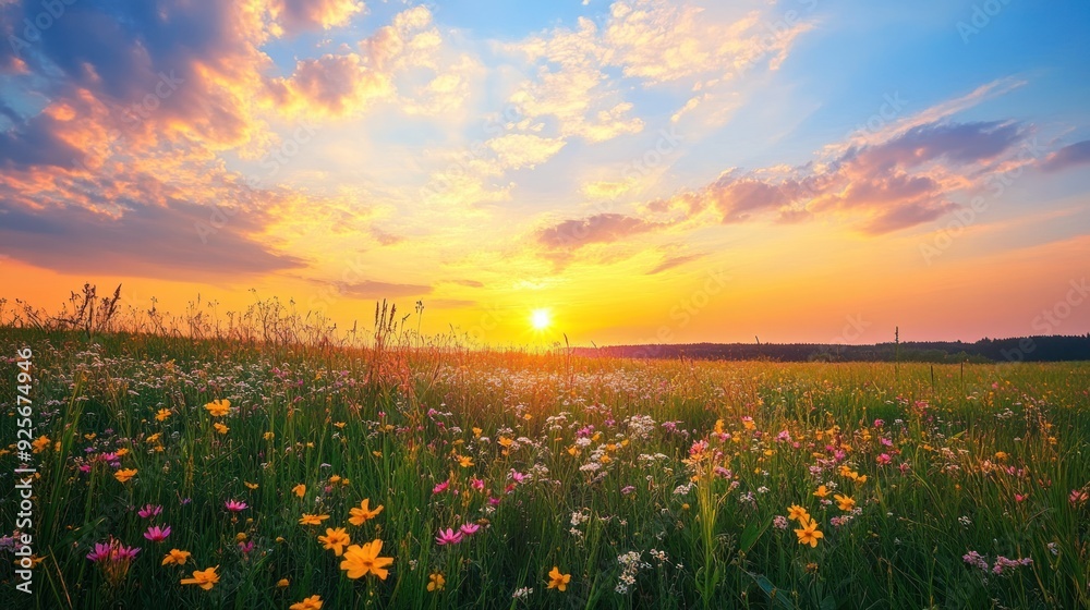 Fototapeta premium Sunset over a Field of Wildflowers