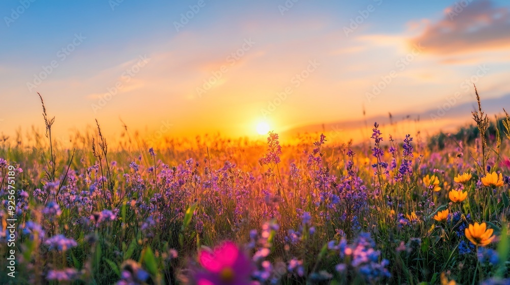 Naklejka premium Sunset Over a Field of Wildflowers