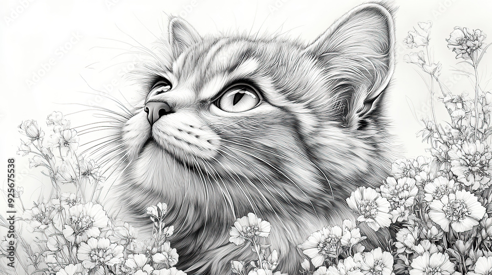 coloring page sketch of a cat in the garden flowers coloring page sketch of a cat in the garden flowers