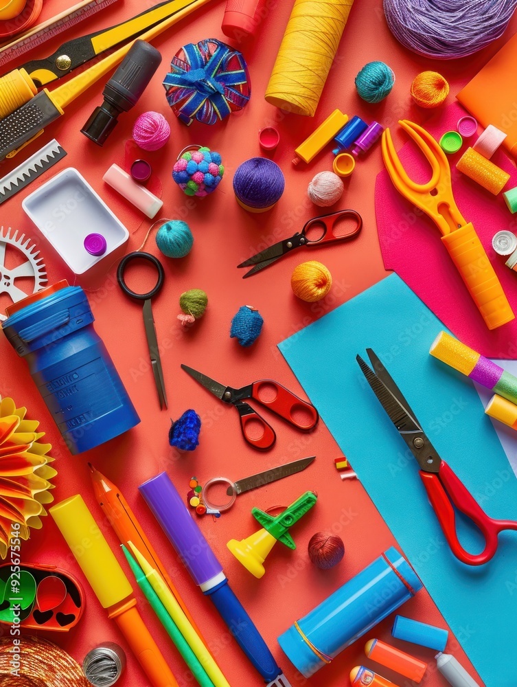 Colorful Craft Supplies on Red Background. Colorful Craft Supplies on Red Background.