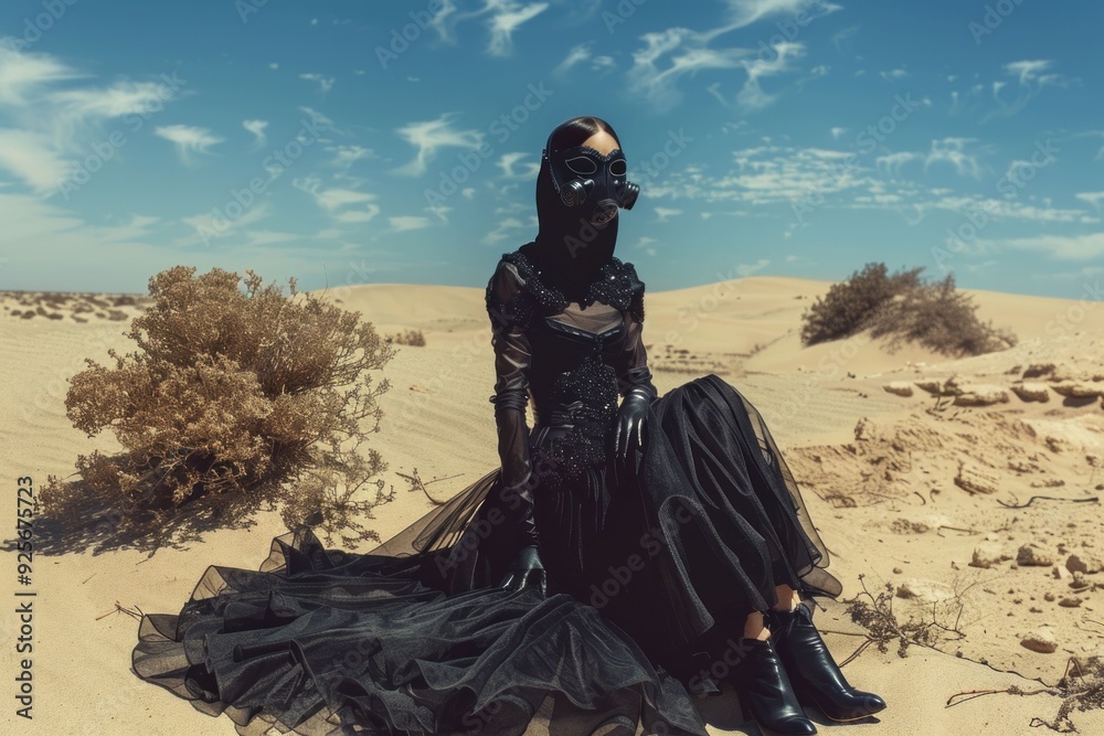 Woman in black dress sitting in desert with face mask travel fashion beauty conceptual art portrait in nature Woman in black dress sitting in desert with face mask travel fashion beauty conceptual art portrait in nature