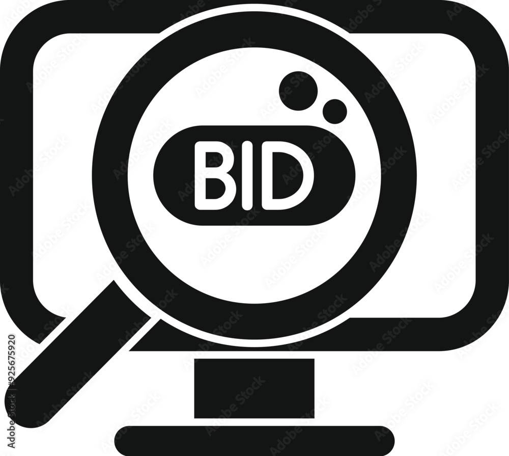Magnifying glass is focusing on the word bid displayed on a computer screen, representing the concept of online bidding Magnifying glass is focusing on the word bid displayed on a computer screen, representing the concept of online bidding