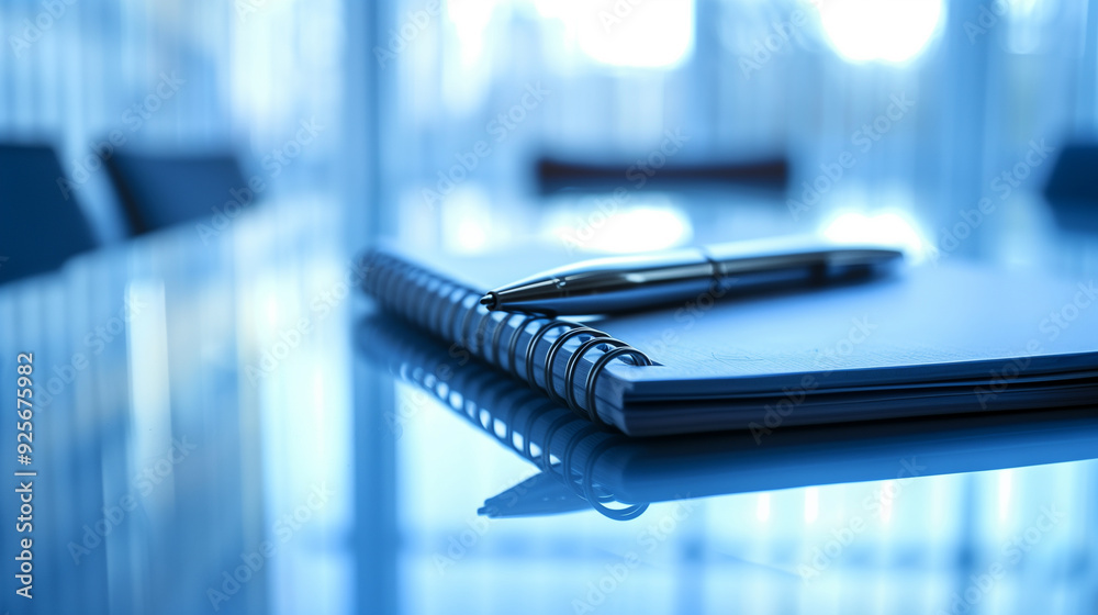 Close-up of a pen and notepad on a reflective office desk in a modern workspace Close-up of a pen and notepad on a reflective office desk in a modern workspace