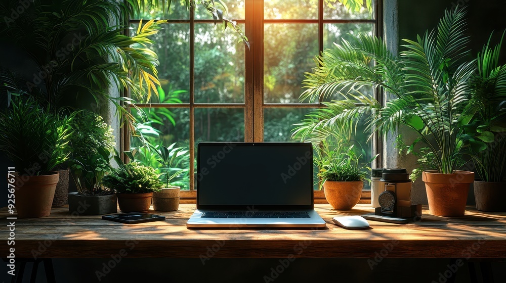 Fototapeta premium Laptop on a Wooden Desk with Plants and Window View.