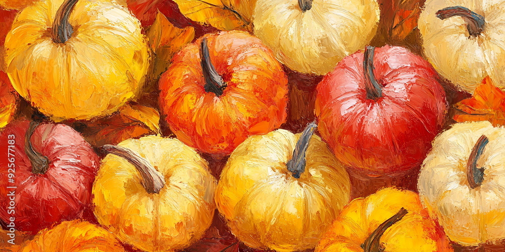 Oil painting of a sunny autumn day with yellow, orange, and red pumpkins on background
Oil painting of a sunny autumn day with yellow, orange, and red pumpkins on background