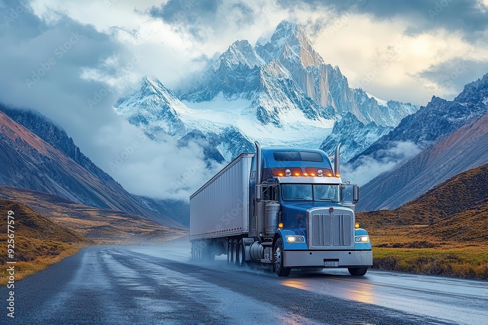 majestic semitruck winding through a breathtaking mountain pass towering peaks and dramatic clouds framing the vehicles journey against a backdrop of untamed wilderness majestic semitruck winding through a breathtaking mountain pass towering peaks and dramatic clouds framing the vehicles journey against a backdrop of untamed wilderness