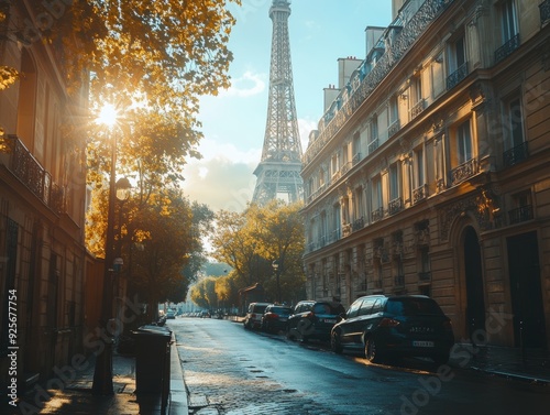 Fototapeta Naklejka Na Ścianę i Meble -  Panoramic paris  eiffel tower view on a bright sunny day, capturing the charming streets