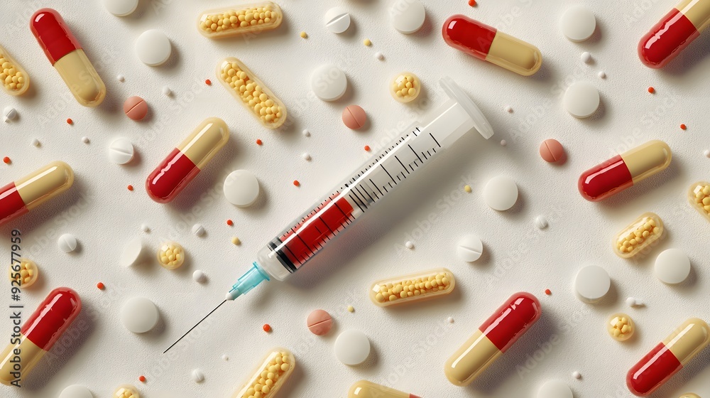 A variety of colorful pills and a syringe on a textured surface, symbolizing health. A variety of colorful pills and a syringe on a textured surface, symbolizing health.